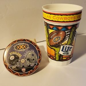 Super Bowl XXX lot of Miller Lite cup and Button